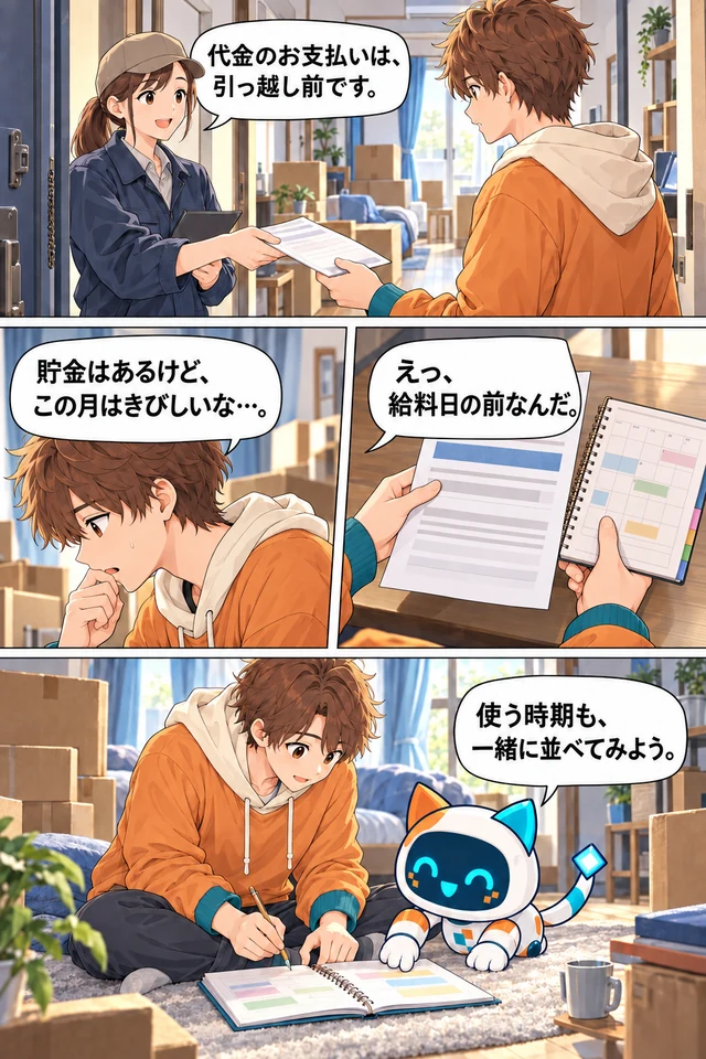 家計の支払時期を見て、将来の資金計画に気づく漫画