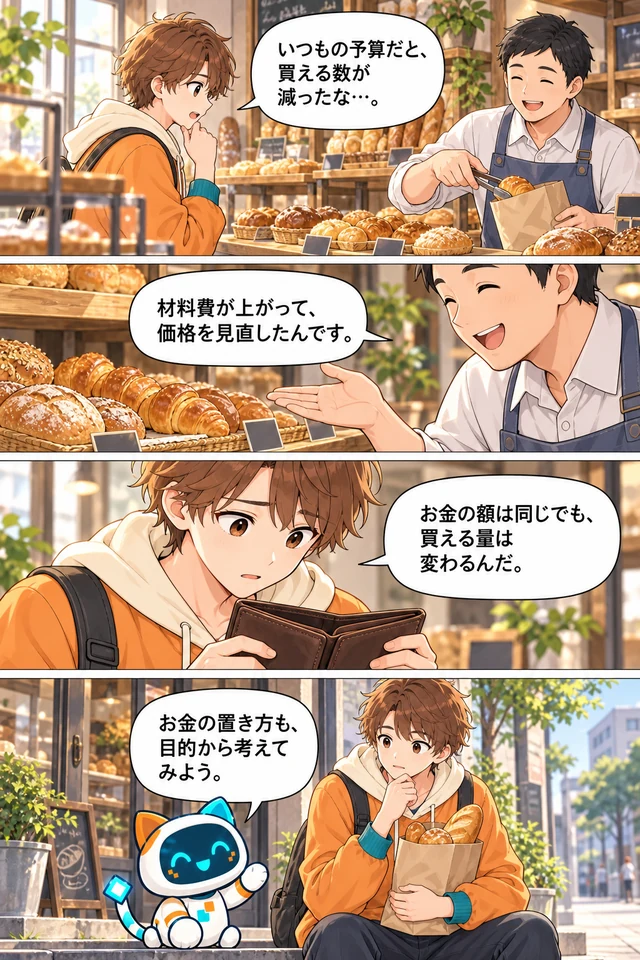 物価の変化が同じお金の価値を変えることに気づく漫画