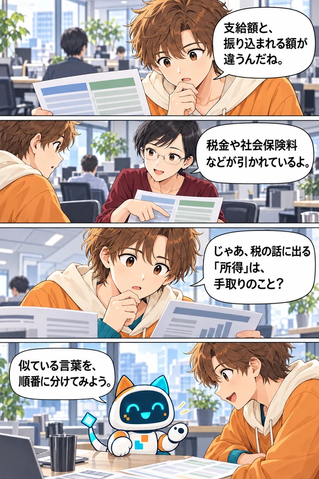 支給額と手取りの違いから、所得の計算順序に気づく漫画