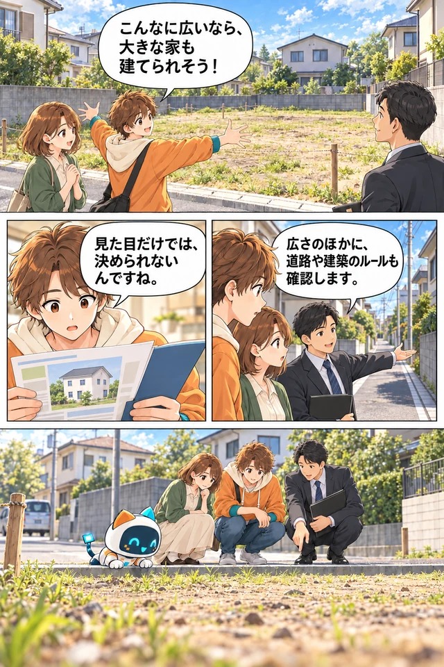 広い土地でも道路や建築の条件を調べる必要に気づく漫画