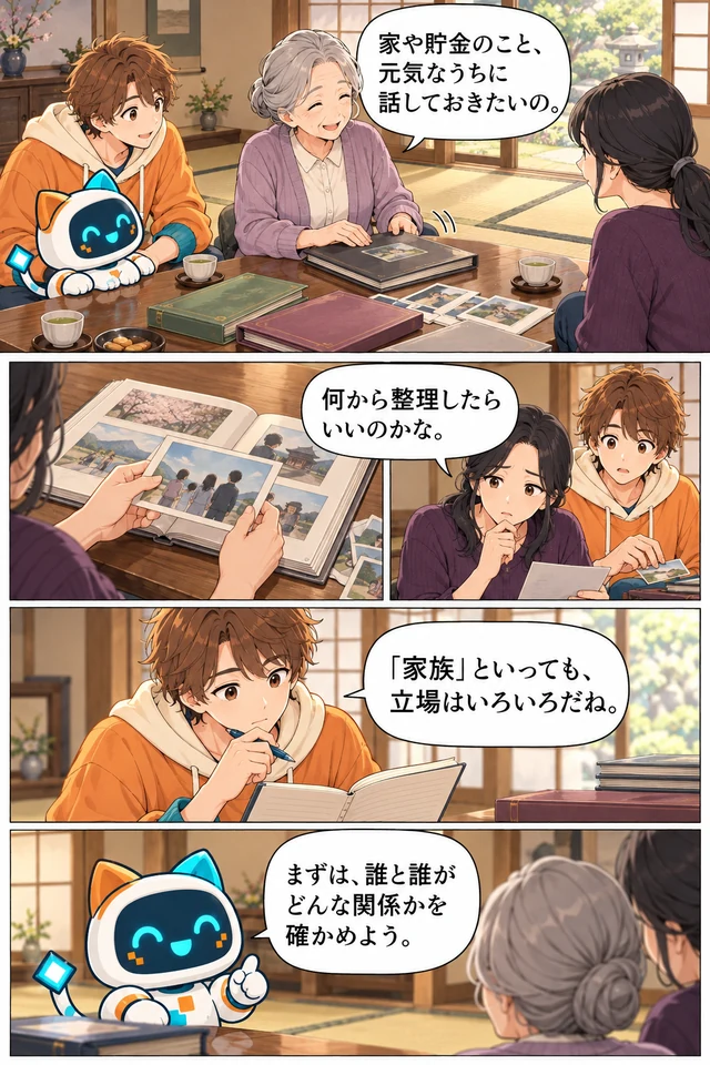 家族の関係を整理して相続人を確かめる漫画