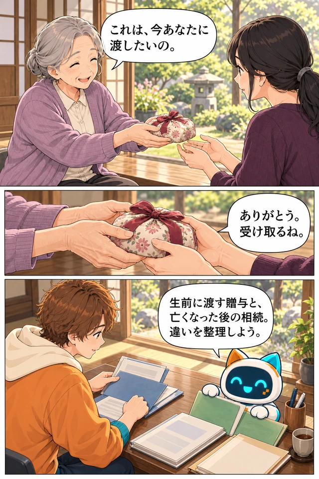 生前の贈与と相続の違いに気づく漫画